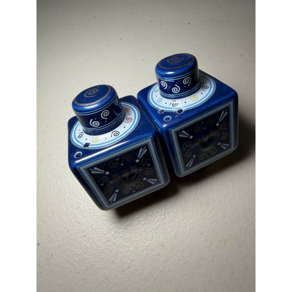 Cobalt‎ Blue Ceramic Square Salt and Pepper Shakers Spiral Geometric Design 2pc